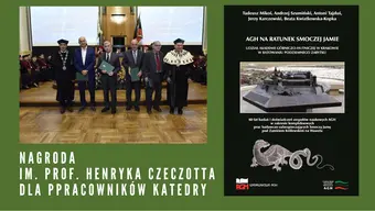 Kolaż ze zdjęciem z wręczenia nagrody i okładką książki